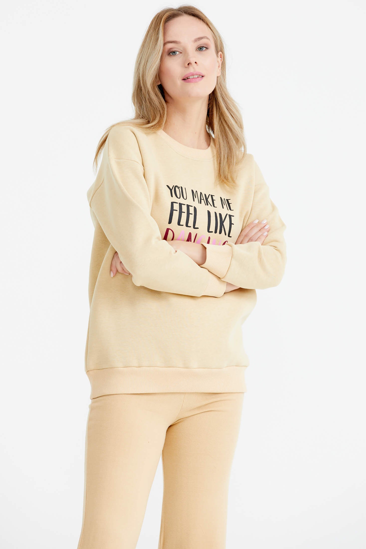 Sıfır Yaka Baskı Detaylı İçi Şardonlu Sweatshirt - Bej (3) Sementa