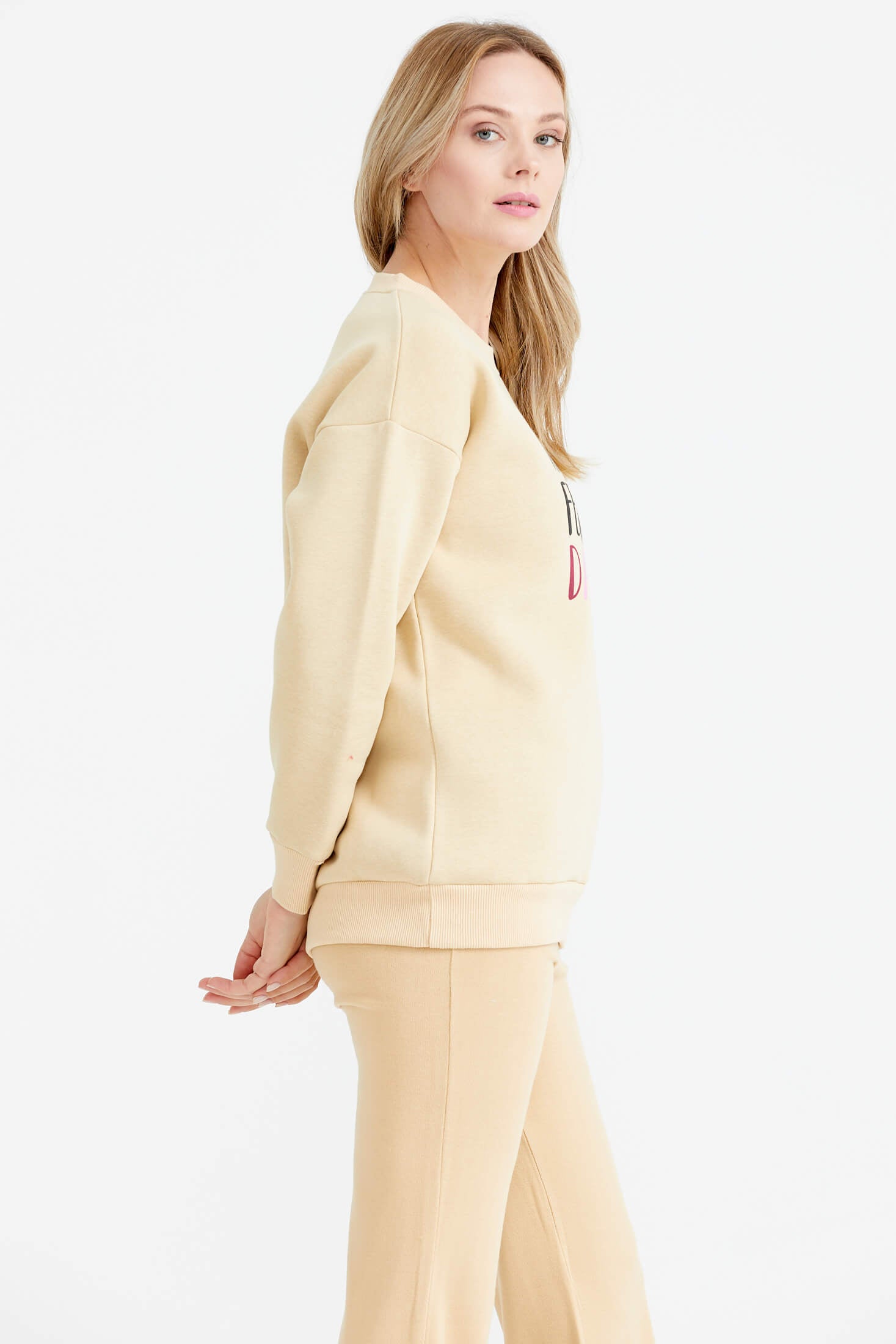 Sıfır Yaka Baskı Detaylı İçi Şardonlu Sweatshirt - Bej (4) Sementa