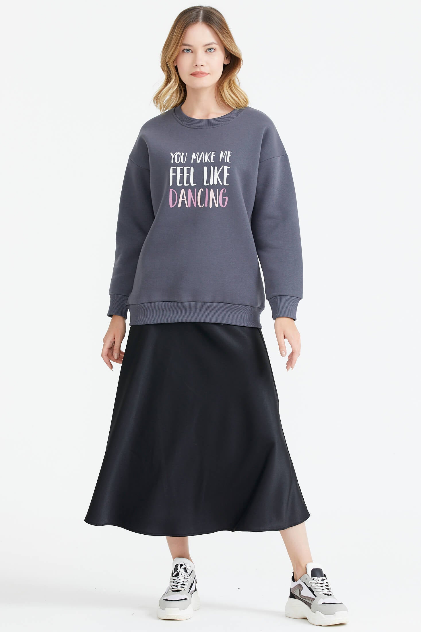 Sıfır Yaka Baskı Detaylı İçi Şardonlu Sweatshirt - Füme (2) Sementa