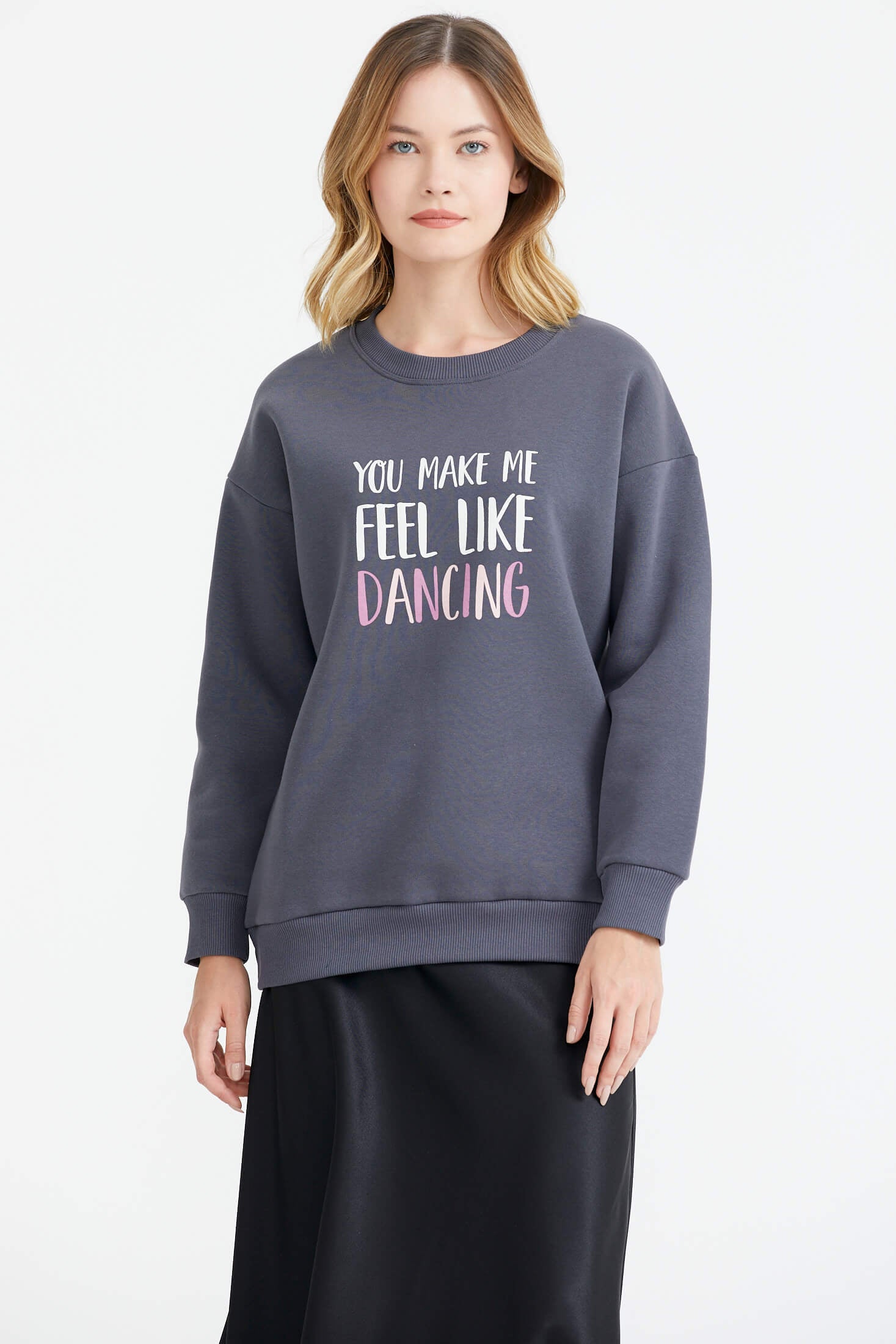 Sıfır Yaka Baskı Detaylı İçi Şardonlu Sweatshirt - Füme (3) Sementa