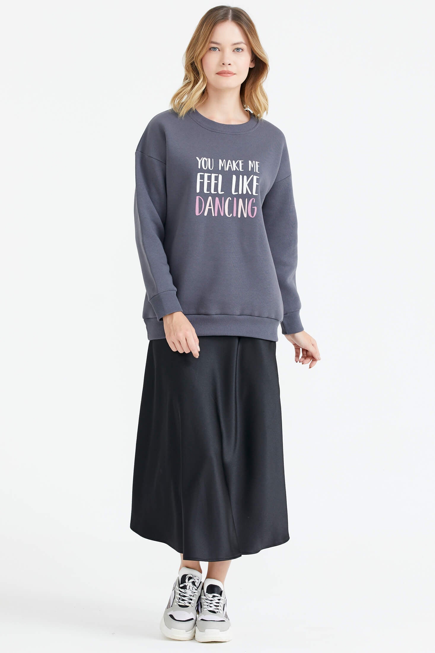 Sıfır Yaka Baskı Detaylı İçi Şardonlu Sweatshirt - Füme (4) Sementa