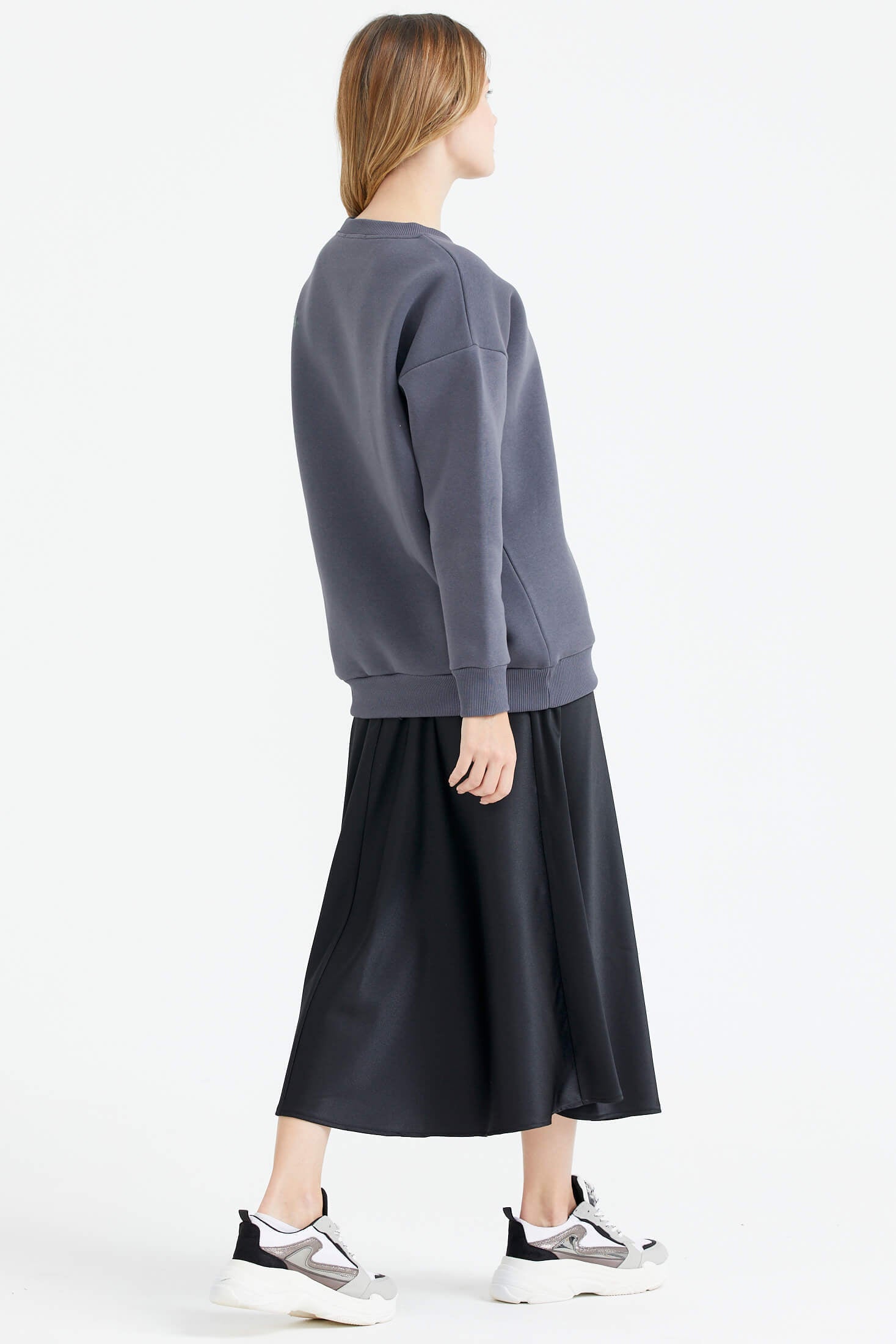 Sıfır Yaka Baskı Detaylı İçi Şardonlu Sweatshirt - Füme (5) Sementa