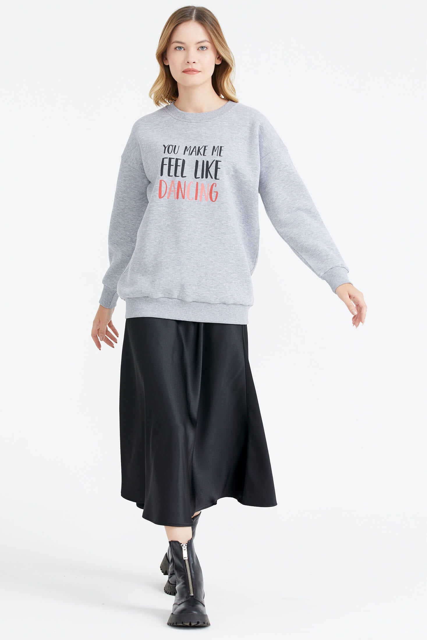 Sıfır Yaka Baskı Detaylı İçi Şardonlu Sweatshirt - Gri (1) Sementa