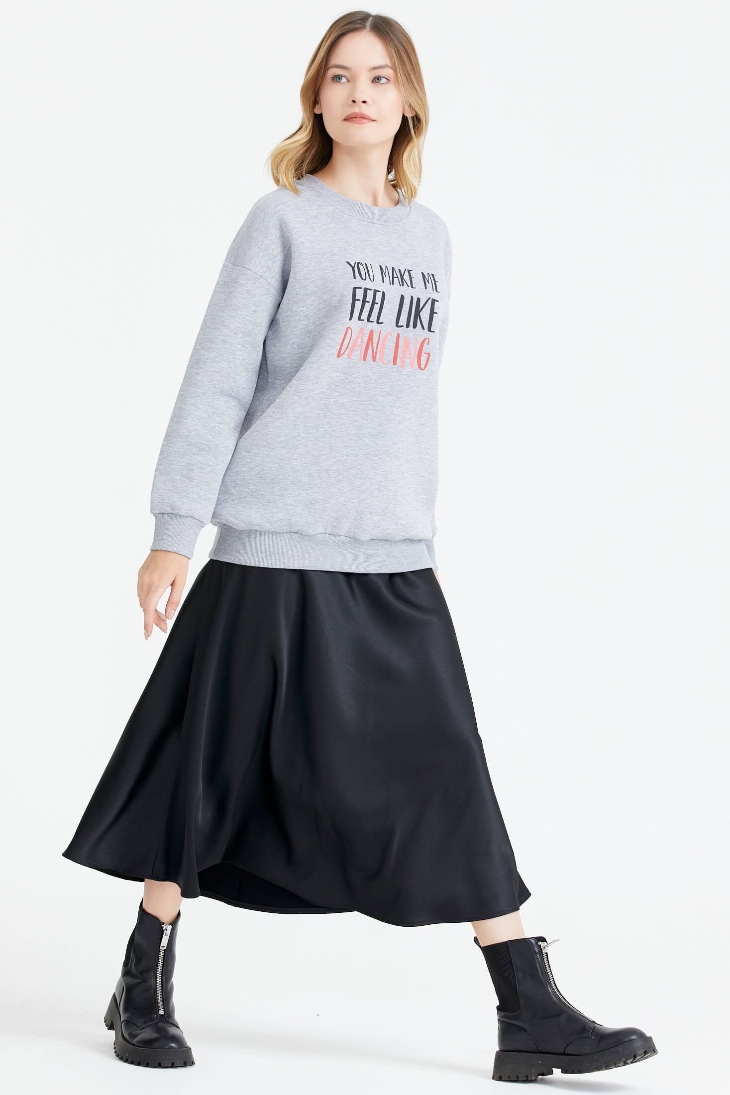 Sıfır Yaka Baskı Detaylı İçi Şardonlu Sweatshirt - Gri (2) Sementa