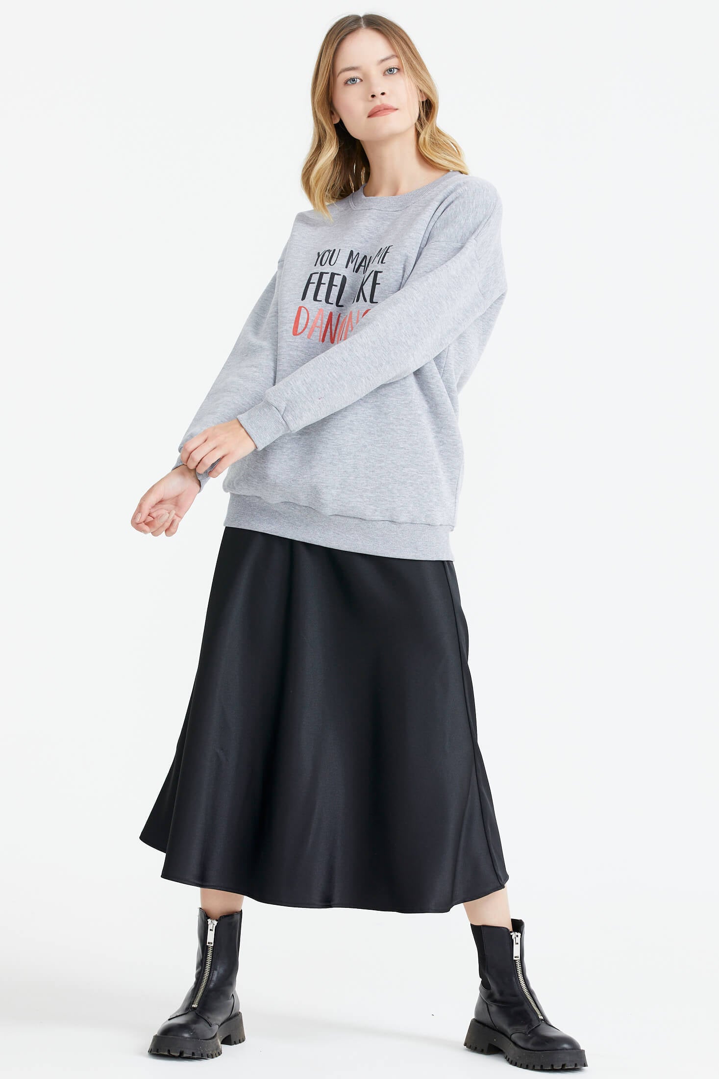 Sıfır Yaka Baskı Detaylı İçi Şardonlu Sweatshirt - Gri (3) Sementa