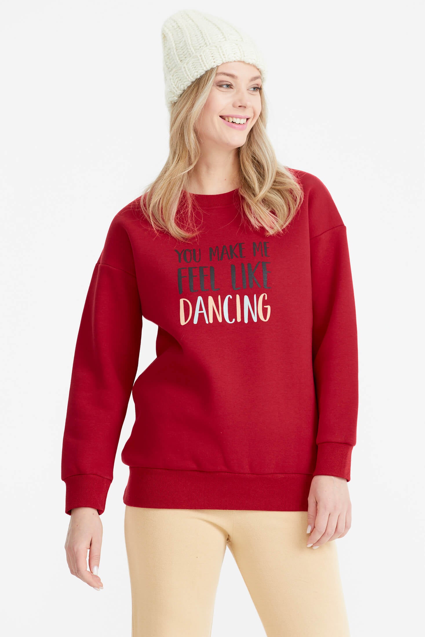 Sıfır Yaka Baskı Detaylı İçi Şardonlu Sweatshirt - Kırmızı (1) Sementa