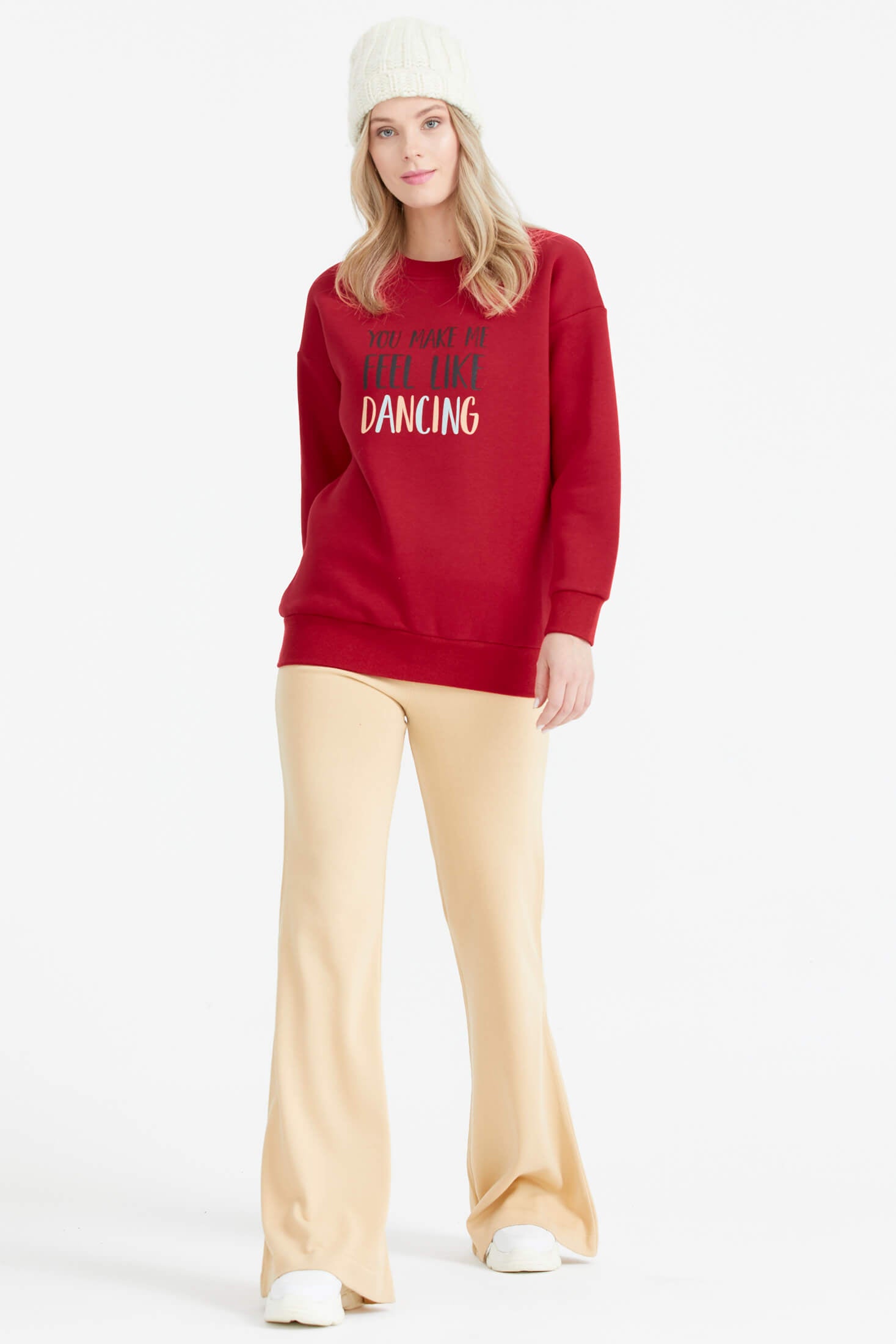 Sıfır Yaka Baskı Detaylı İçi Şardonlu Sweatshirt - Kırmızı (2) Sementa