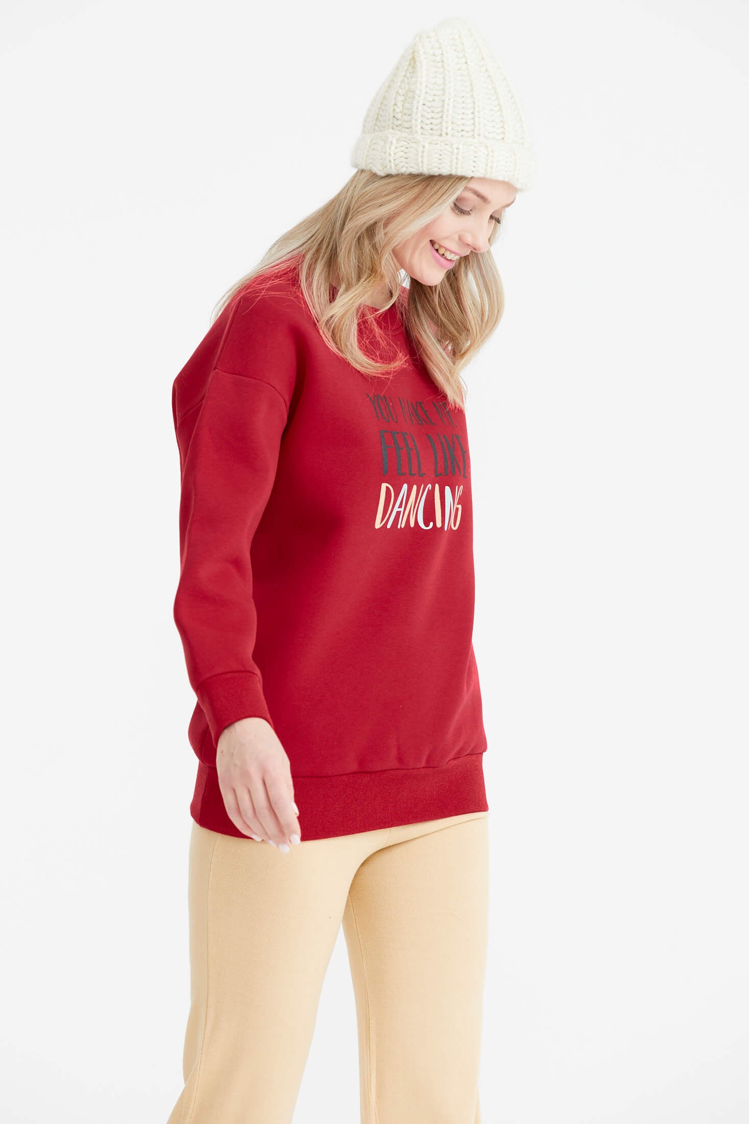 Sıfır Yaka Baskı Detaylı İçi Şardonlu Sweatshirt - Kırmızı (3) Sementa