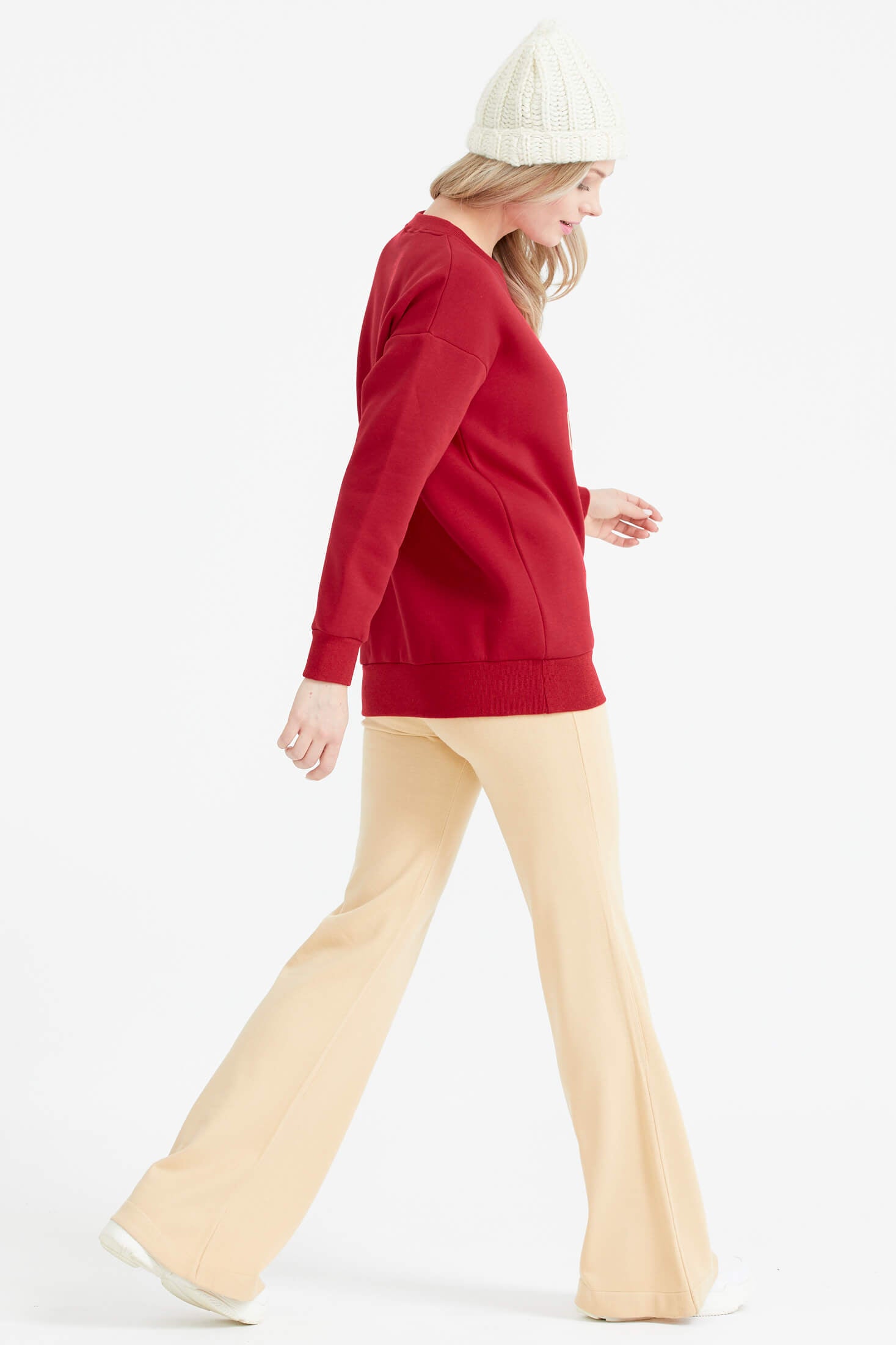 Sıfır Yaka Baskı Detaylı İçi Şardonlu Sweatshirt - Kırmızı (4) Sementa