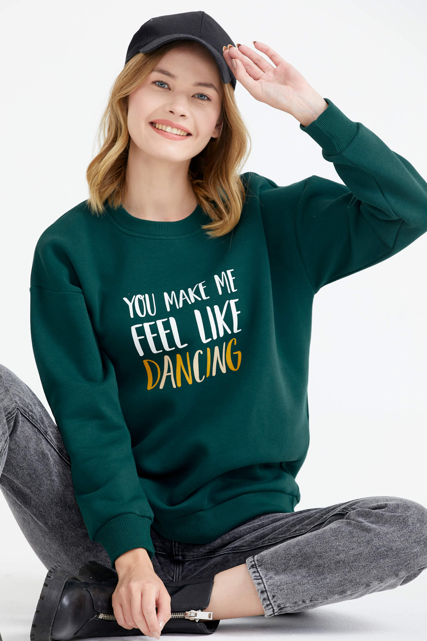 Sıfır Yaka Baskı Detaylı İçi Şardonlu Sweatshirt - Nefti (1) Sementa