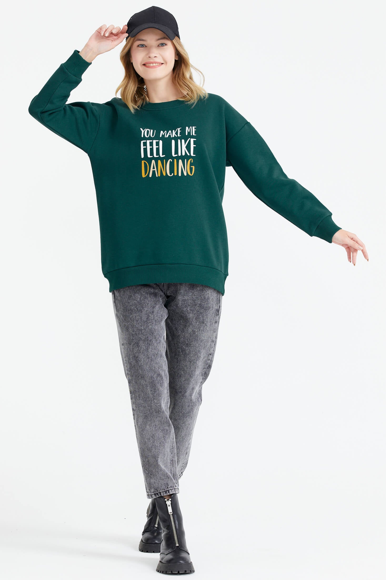 Sıfır Yaka Baskı Detaylı İçi Şardonlu Sweatshirt - Nefti (2) Sementa