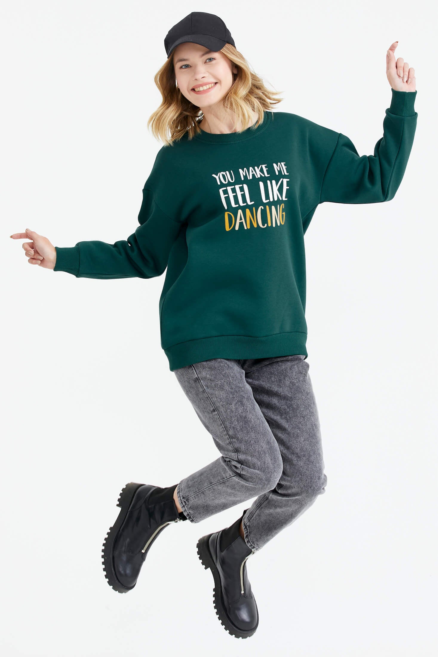 Sıfır Yaka Baskı Detaylı İçi Şardonlu Sweatshirt - Nefti (3) Sementa