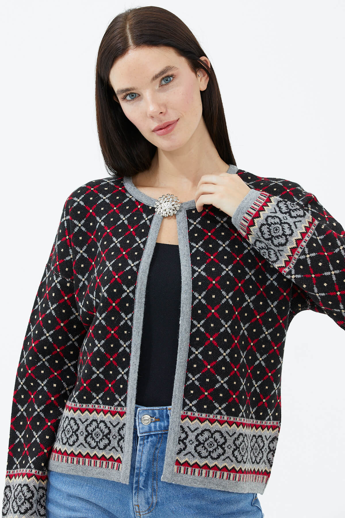 Sıfır Yaka Broşlu Triko Hırka - Gri (1) Sementa