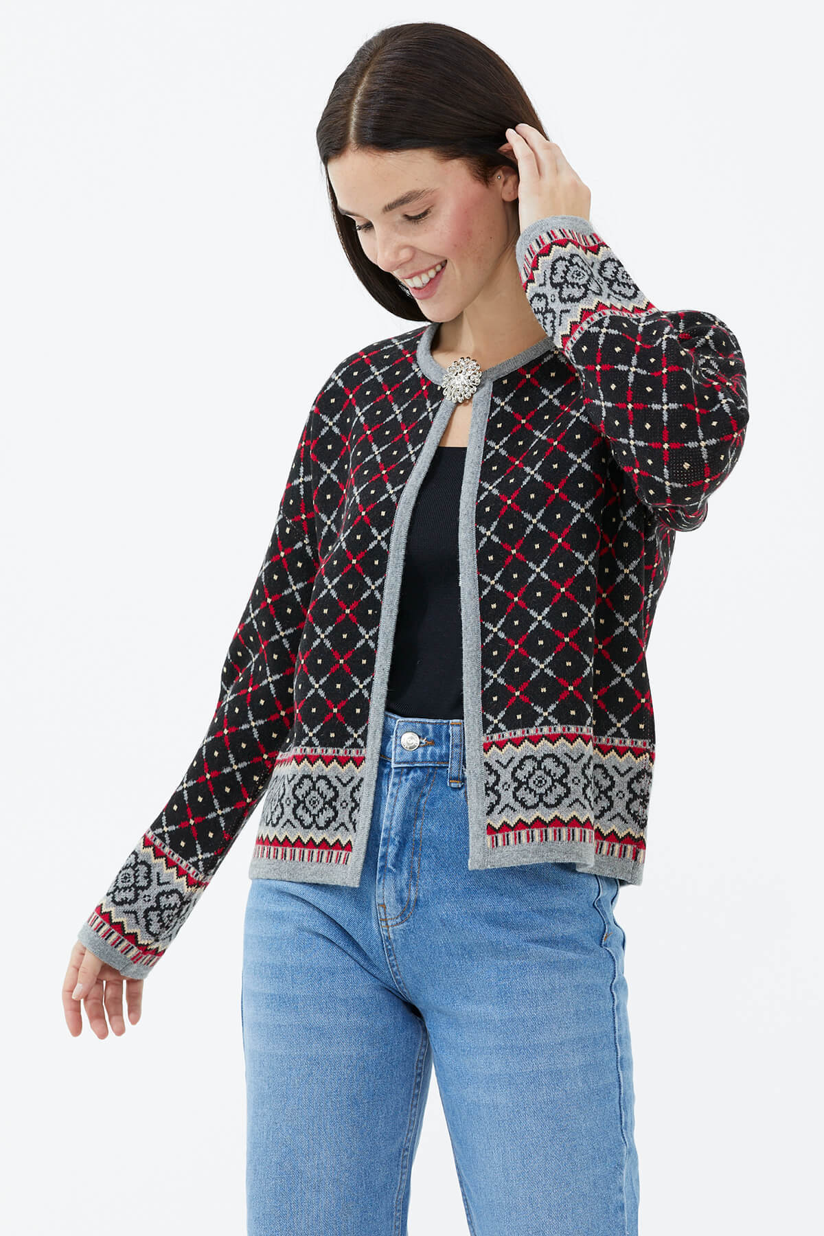 Sıfır Yaka Broşlu Triko Hırka - Gri (2) Sementa