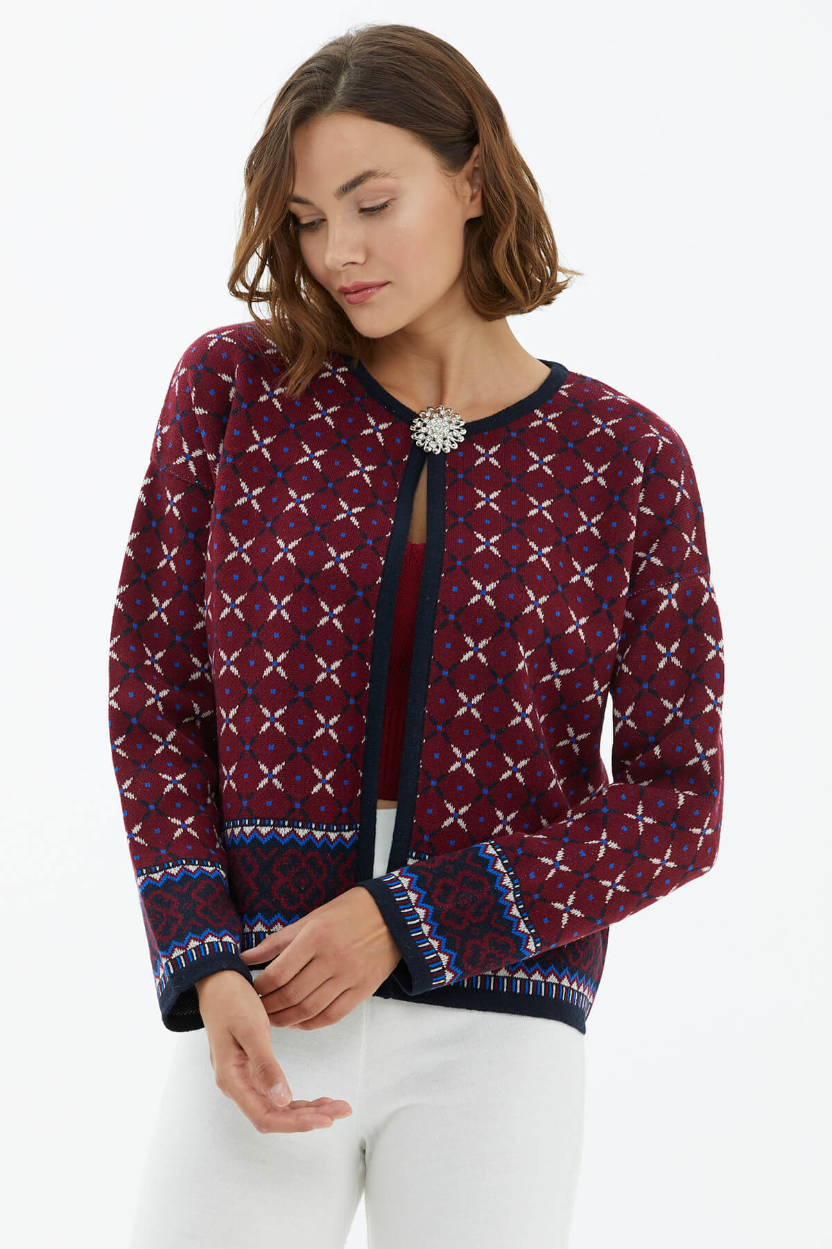 Sıfır Yaka Broşlu Triko Hırka - Lacivert (1) Sementa