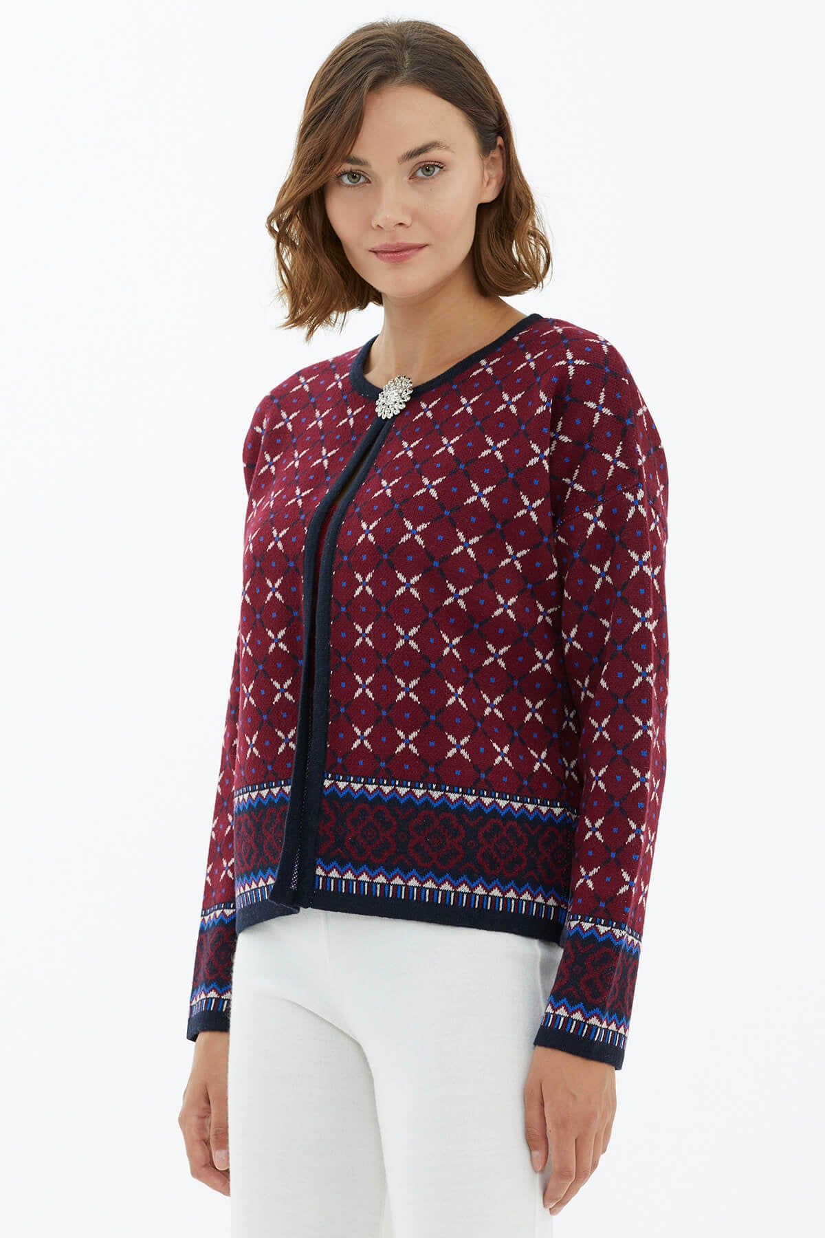 Sıfır Yaka Broşlu Triko Hırka - Lacivert (2) Sementa