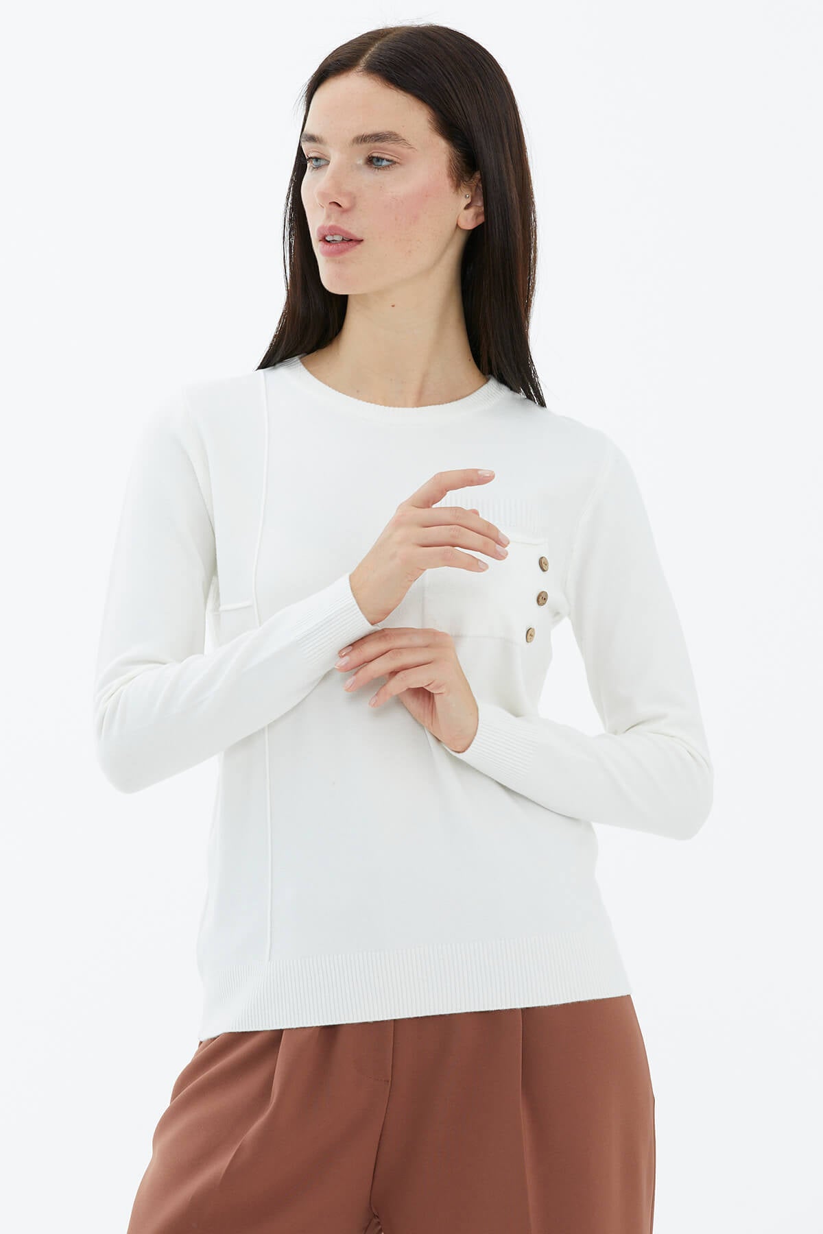 Sıfır Yaka Cepli Düğmeli Triko Kazak - Beyaz (2) Sementa