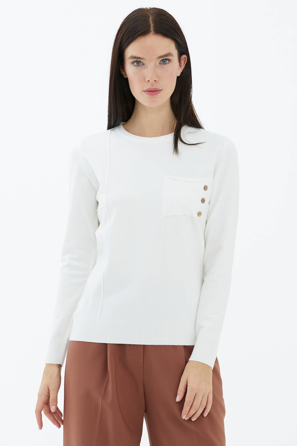 Sıfır Yaka Cepli Düğmeli Triko Kazak - Beyaz (3) Sementa