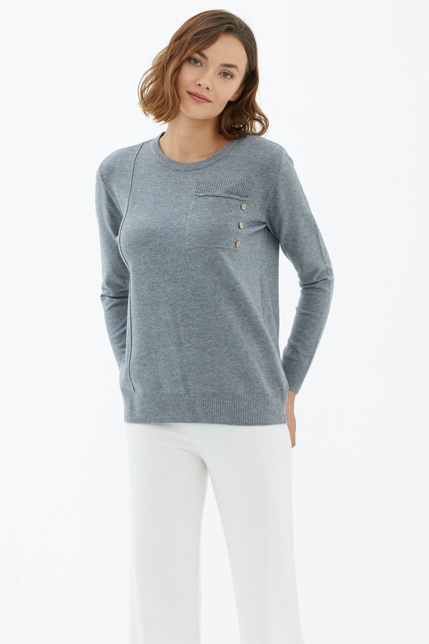 Sıfır Yaka Cepli Düğmeli Triko Kazak - Gri (1) Sementa