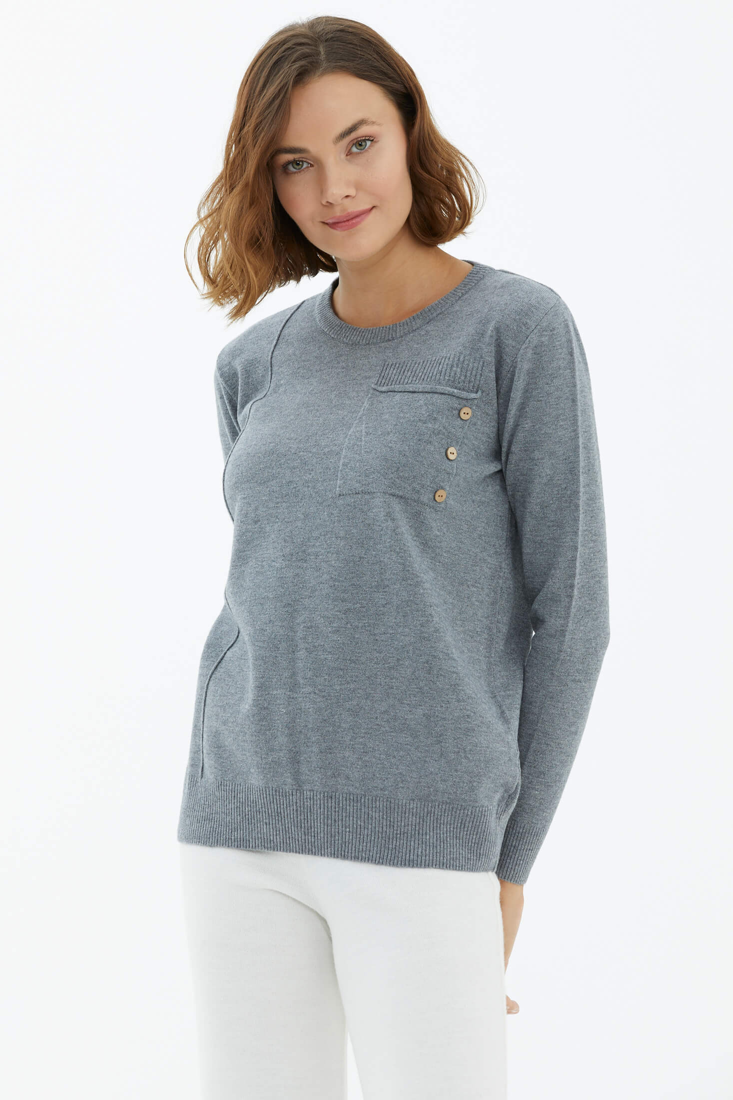 Sıfır Yaka Cepli Düğmeli Triko Kazak - Gri (2) Sementa