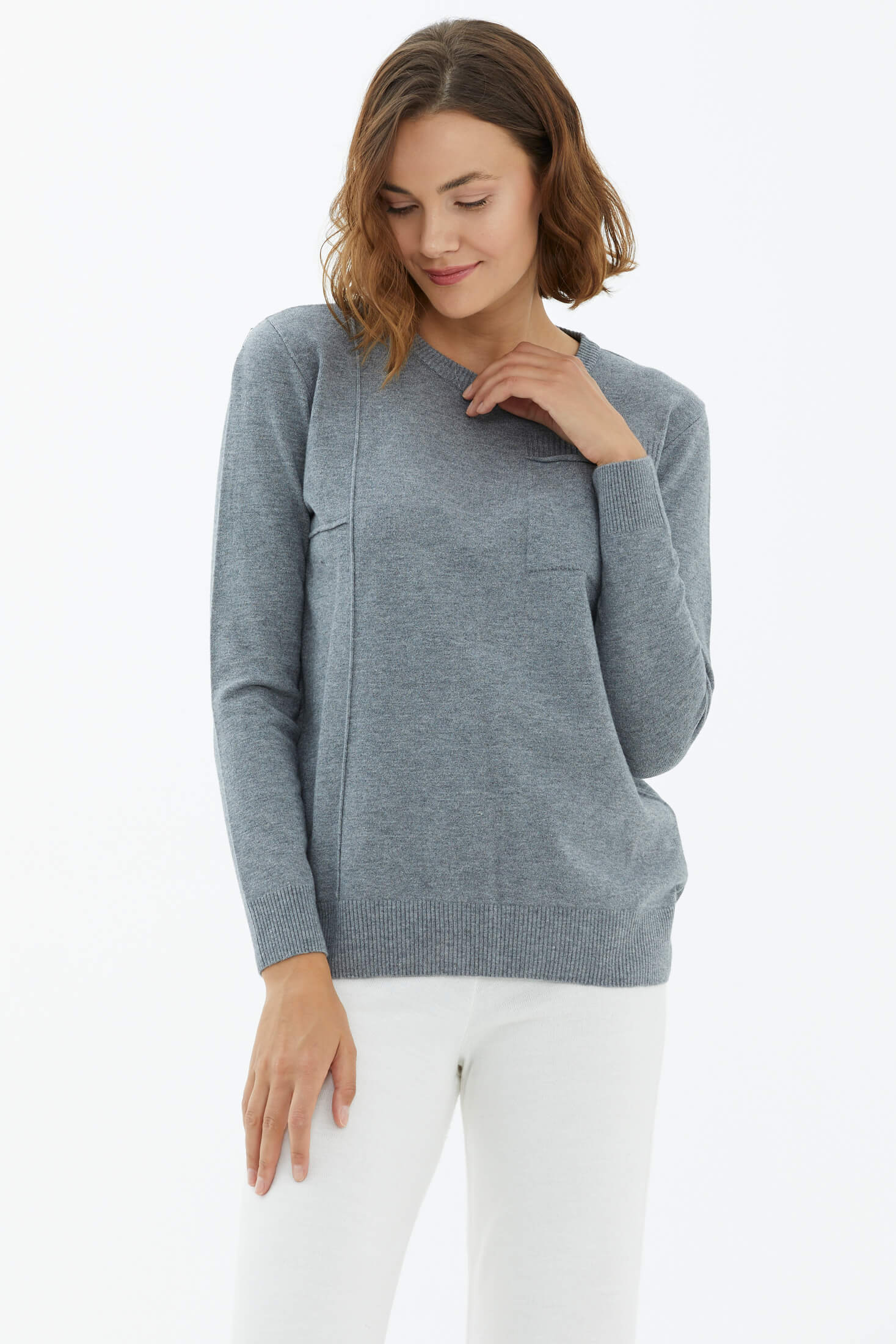 Sıfır Yaka Cepli Düğmeli Triko Kazak - Gri (3) Sementa