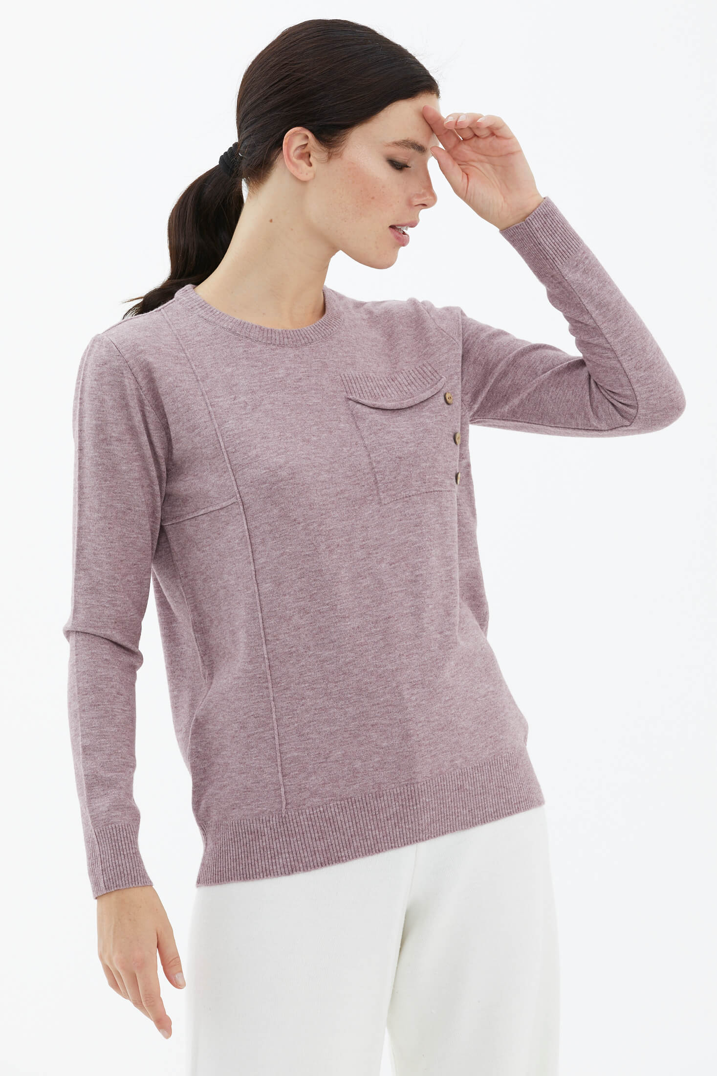 Sıfır Yaka Cepli Düğmeli Triko Kazak - Gül (1) Sementa