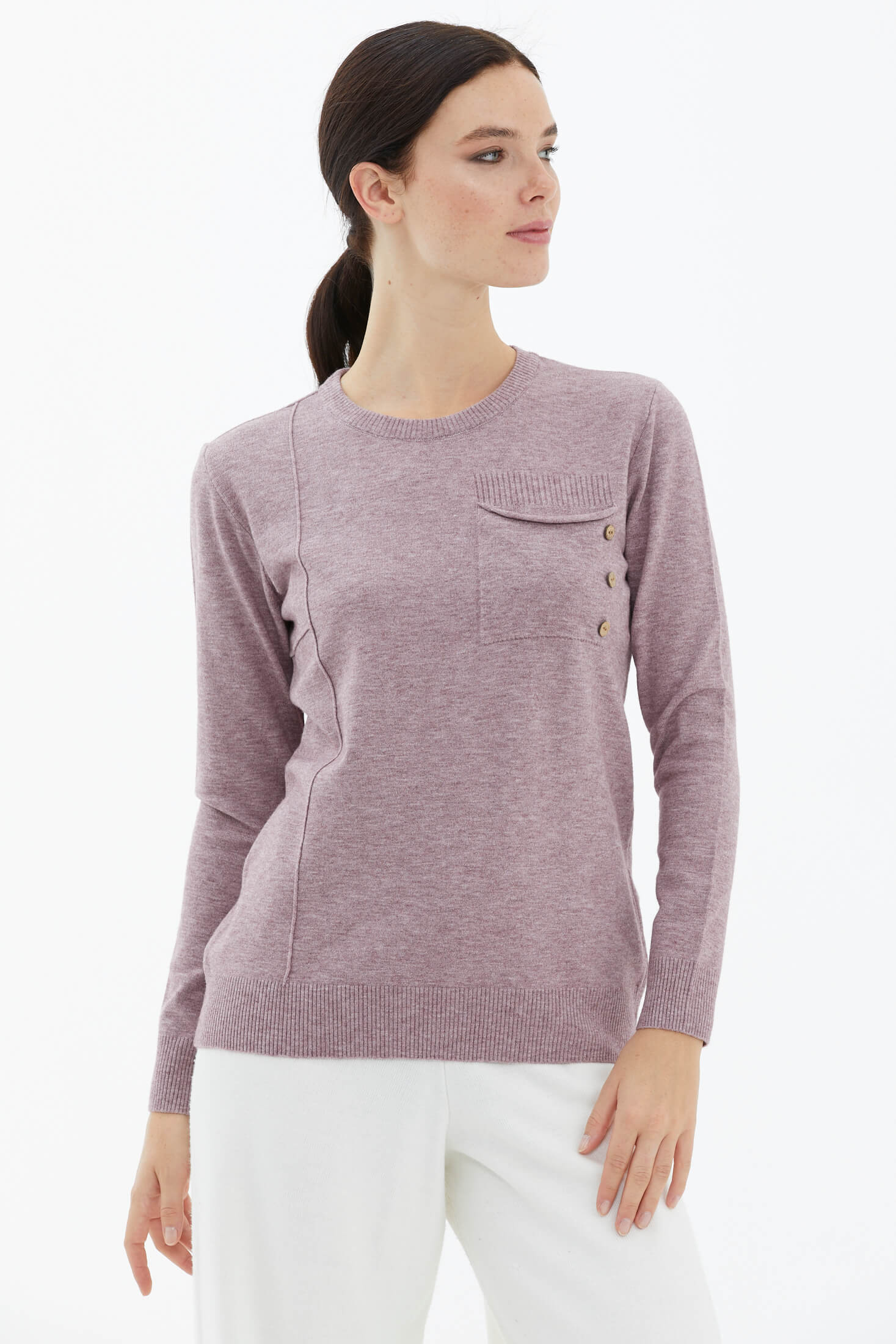 Sıfır Yaka Cepli Düğmeli Triko Kazak - Gül (3) Sementa