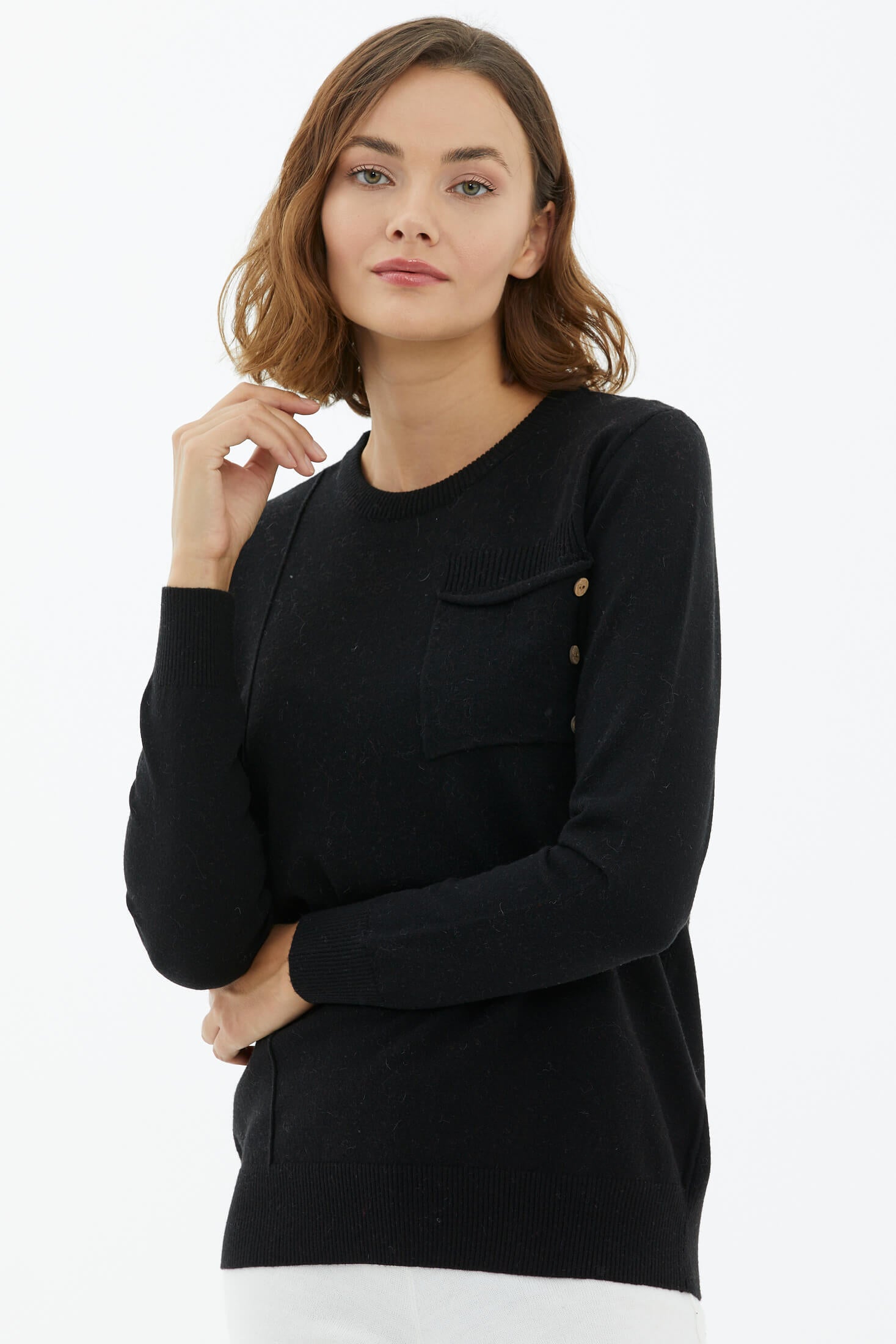 Sıfır Yaka Cepli Düğmeli Triko Kazak - Siyah (2) Sementa