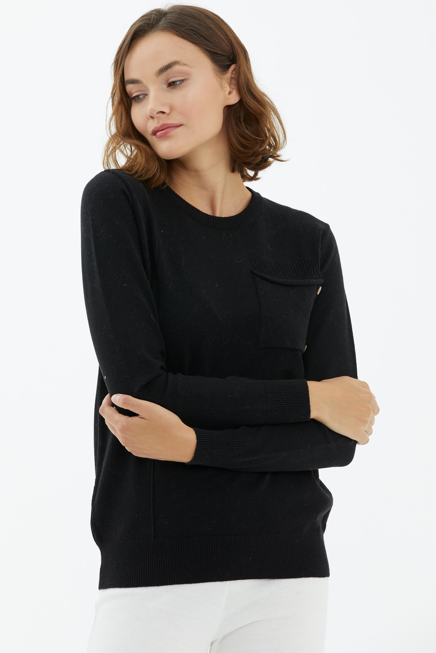 Sıfır Yaka Cepli Düğmeli Triko Kazak - Siyah (3) Sementa