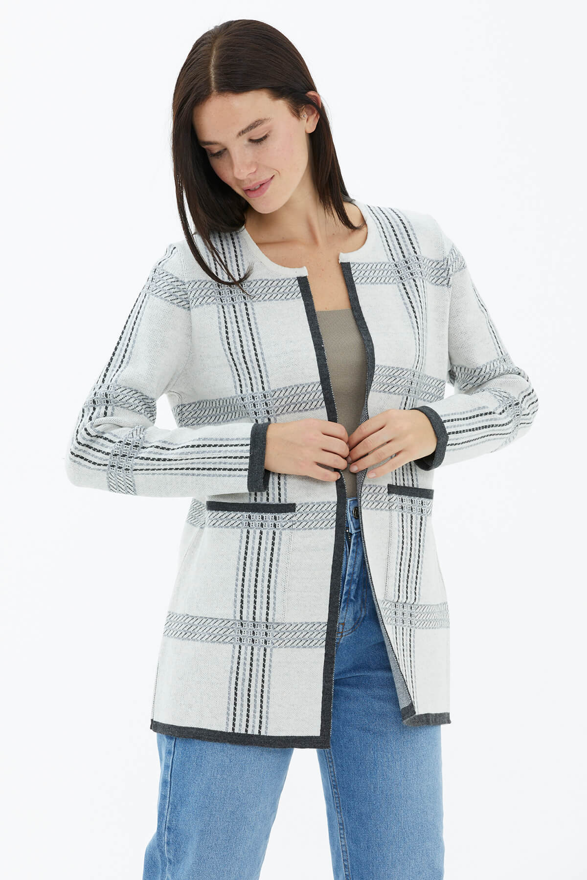 Sıfır Yaka Cepli Triko Ceket - Beyaz (2) Sementa