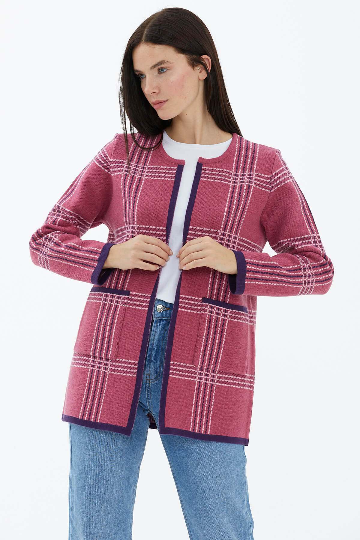 Sıfır Yaka Cepli Triko Ceket - Gül (2) Sementa