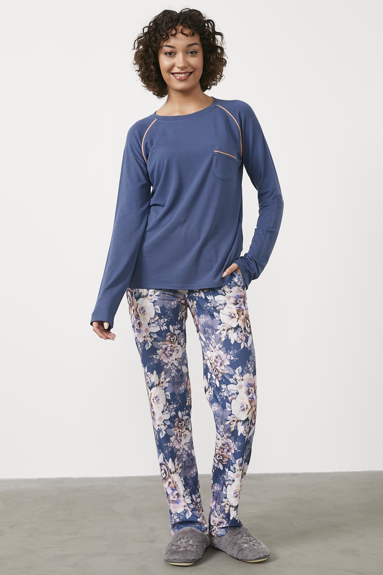 Sıfır Yaka Çiçek Desenli Pijama Takım - Indigo (1) Sementa