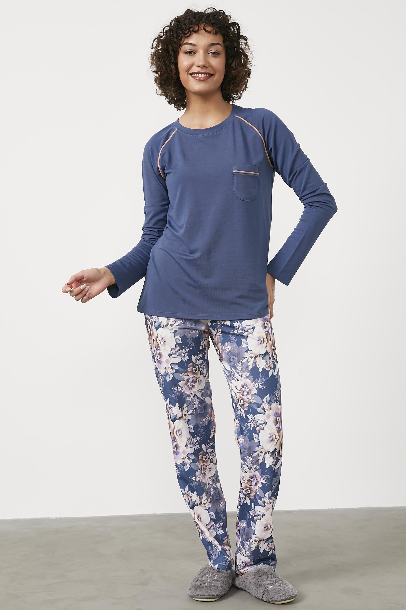 Sıfır Yaka Çiçek Desenli Pijama Takım - Indigo (2) Sementa