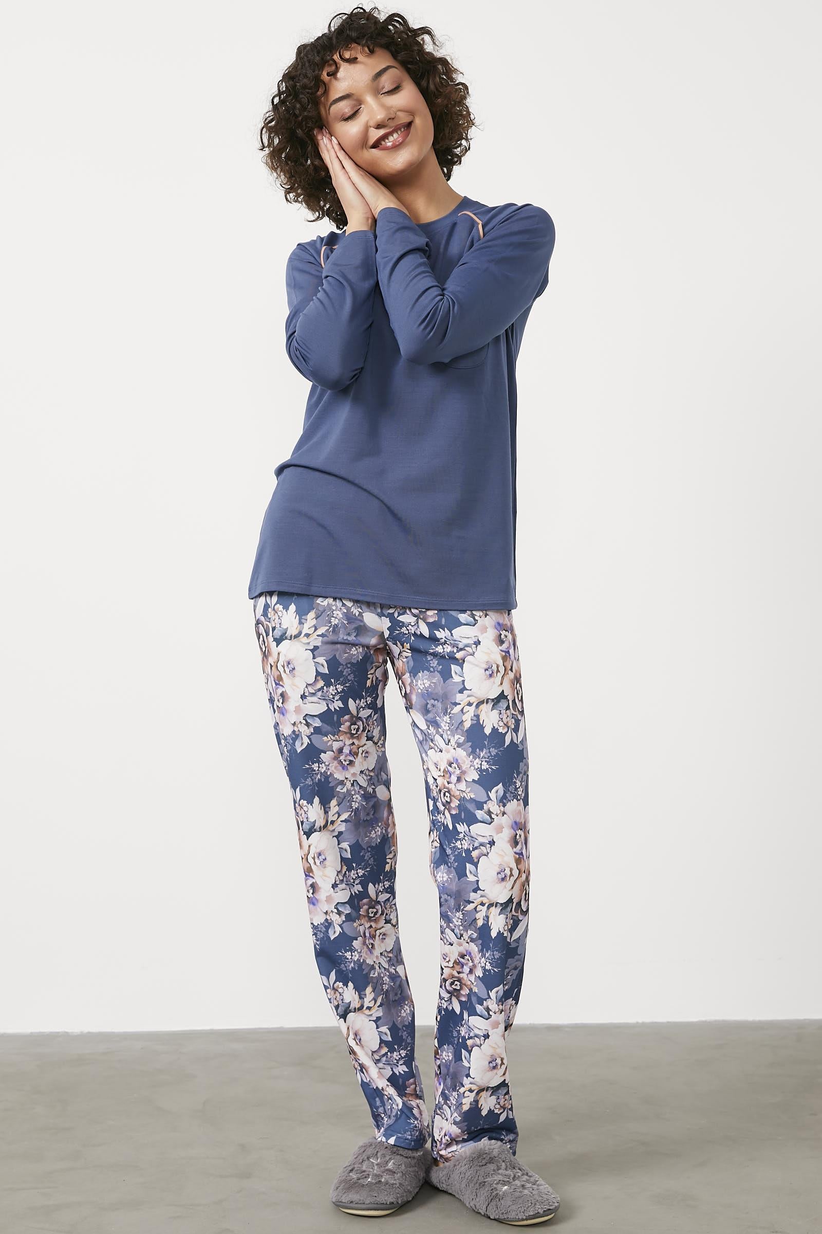 Sıfır Yaka Çiçek Desenli Pijama Takım - Indigo (3) Sementa