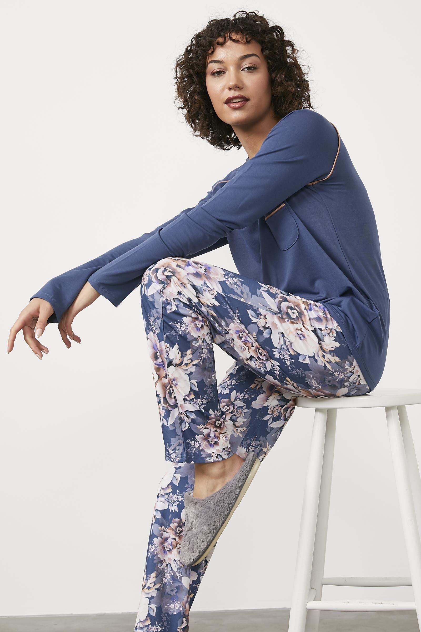 Sıfır Yaka Çiçek Desenli Pijama Takım - Indigo (4) Sementa