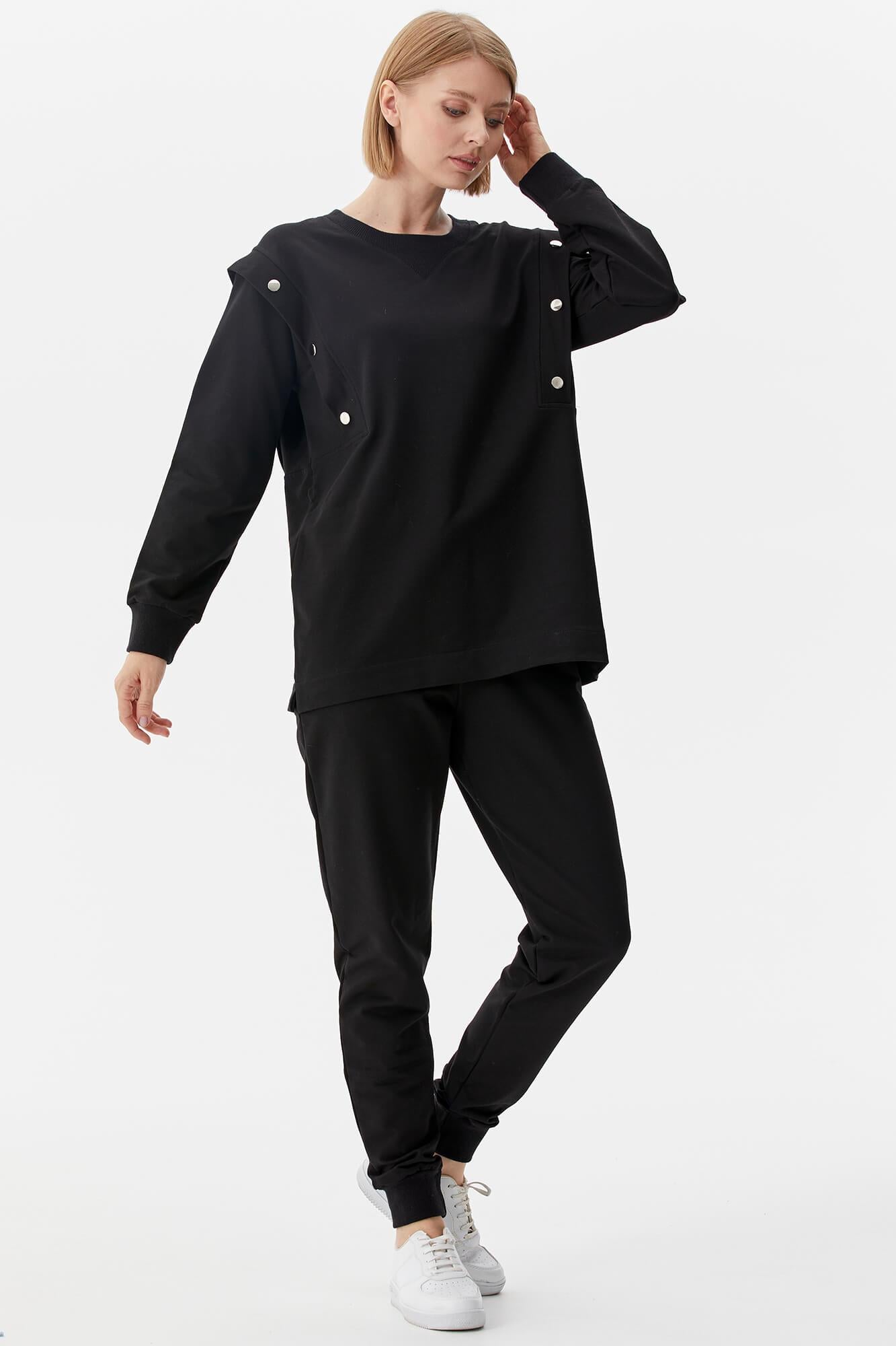 Sıfır Yaka ÇıtÇıt Detaylı Eşofman Takım - Siyah (2) Sementa