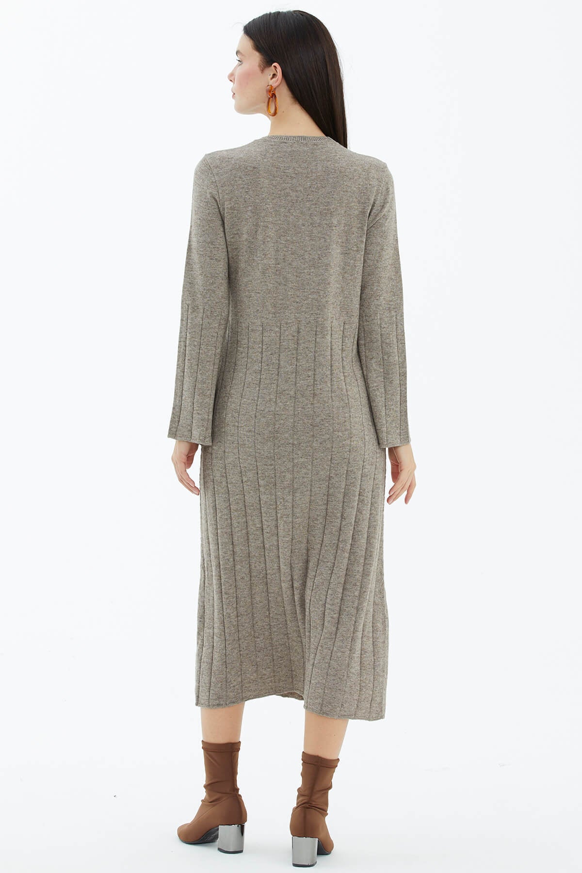 Sıfır Yaka Derbili Triko Elbise - Bej (3) Sementa