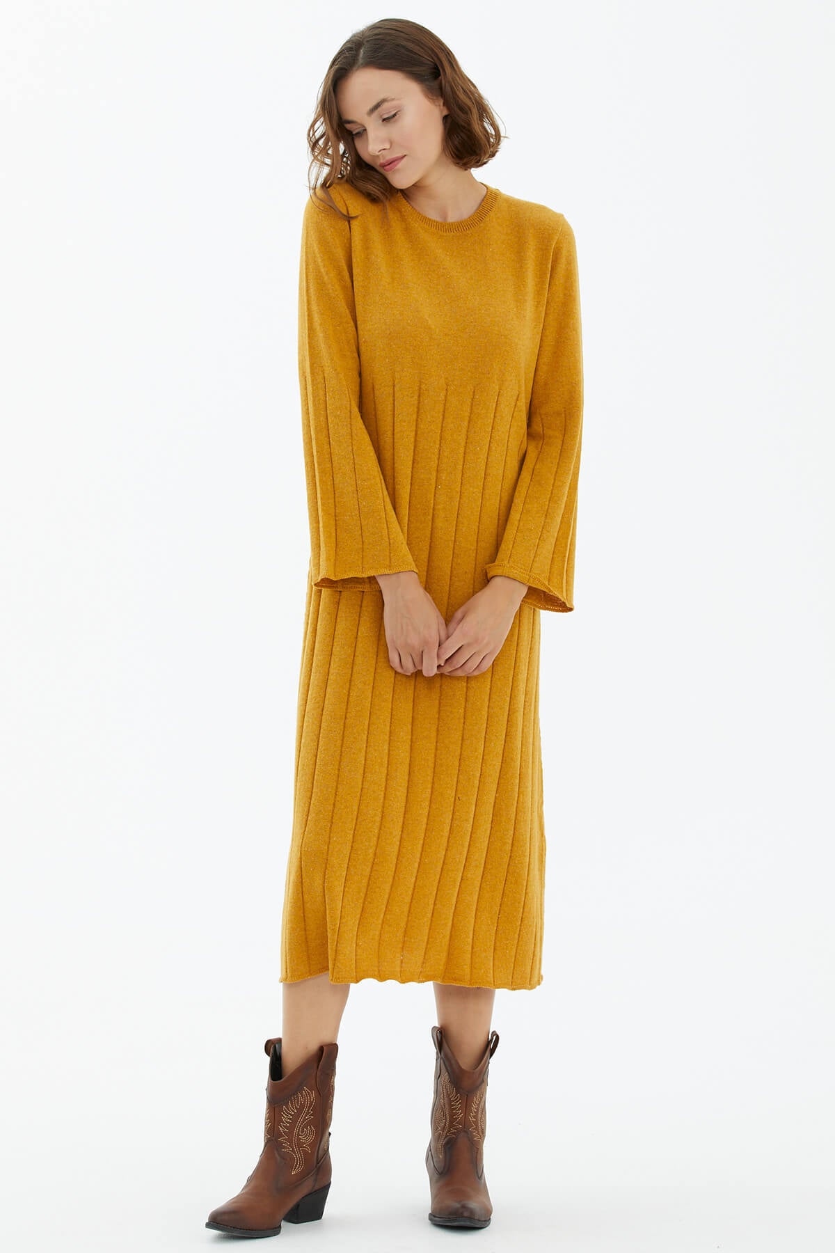 Sıfır Yaka Derbili Triko Elbise - Güneş (2) Sementa