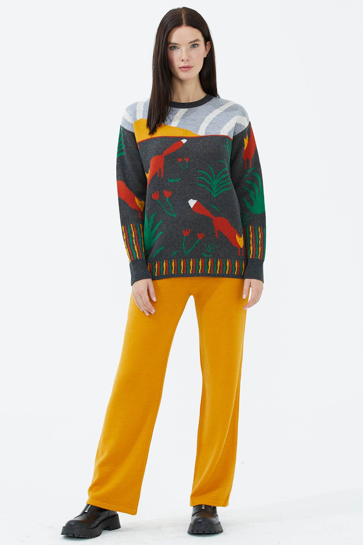 Sıfır Yaka Desenli Triko Kazak - Antrasit (1) Sementa