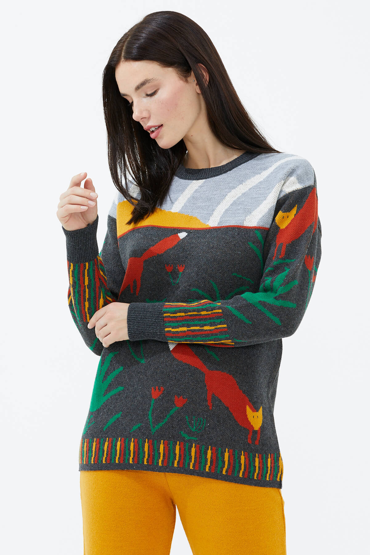 Sıfır Yaka Desenli Triko Kazak - Antrasit (2) Sementa