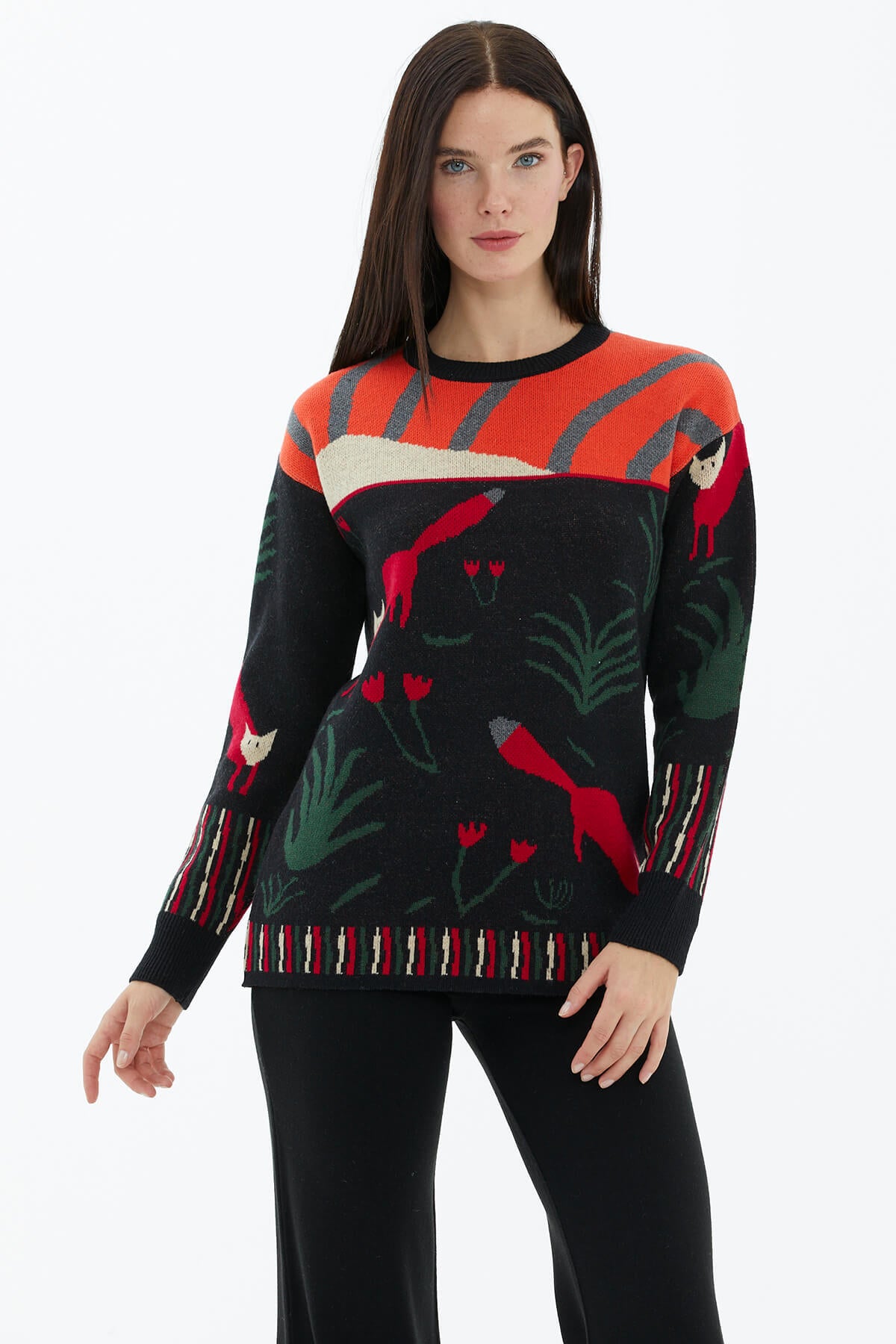 Sıfır Yaka Desenli Triko Kazak - Siyah (1) Sementa