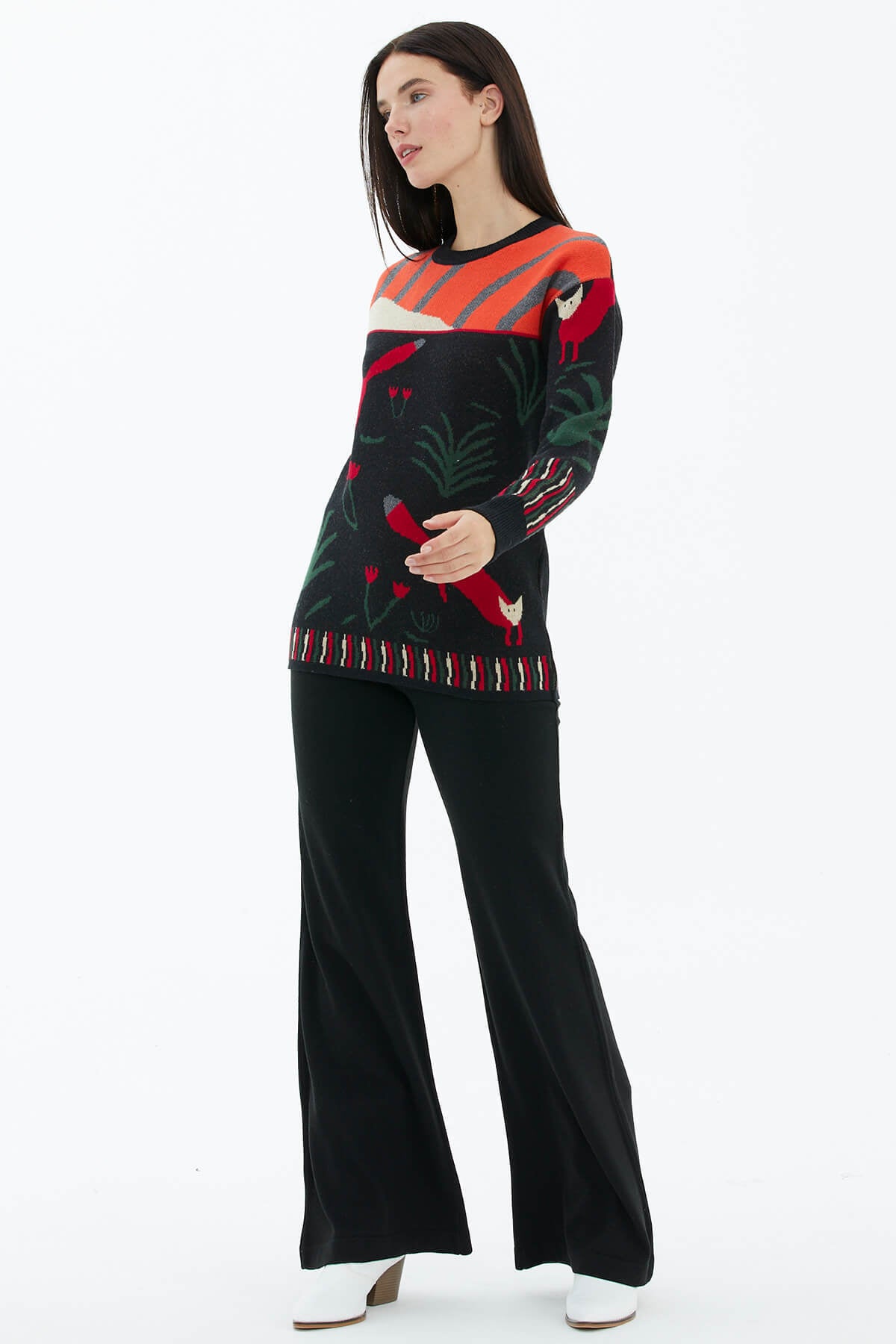 Sıfır Yaka Desenli Triko Kazak - Siyah (2) Sementa