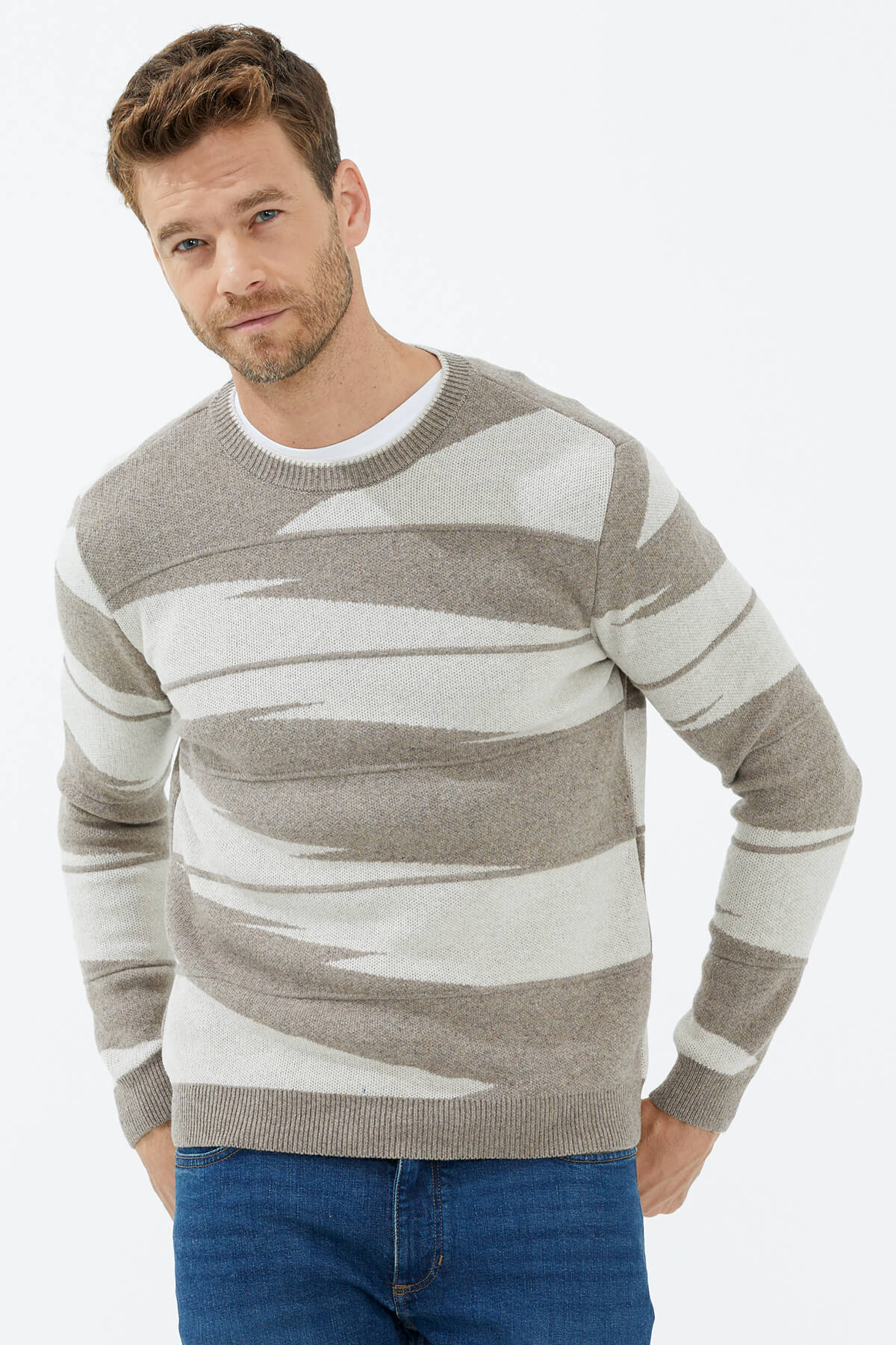 Sıfır Yaka Desenli Triko Kazak - Sütlü Kahve (2) Sementa