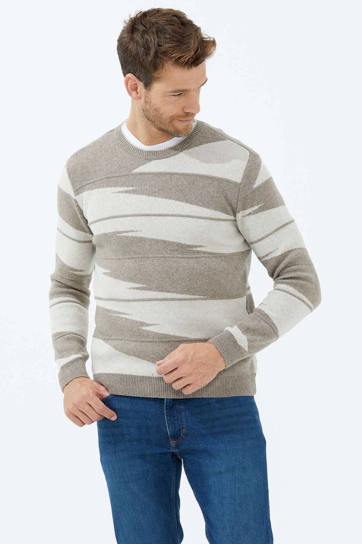 Sıfır Yaka Desenli Triko Kazak - Sütlü Kahve (3) Sementa