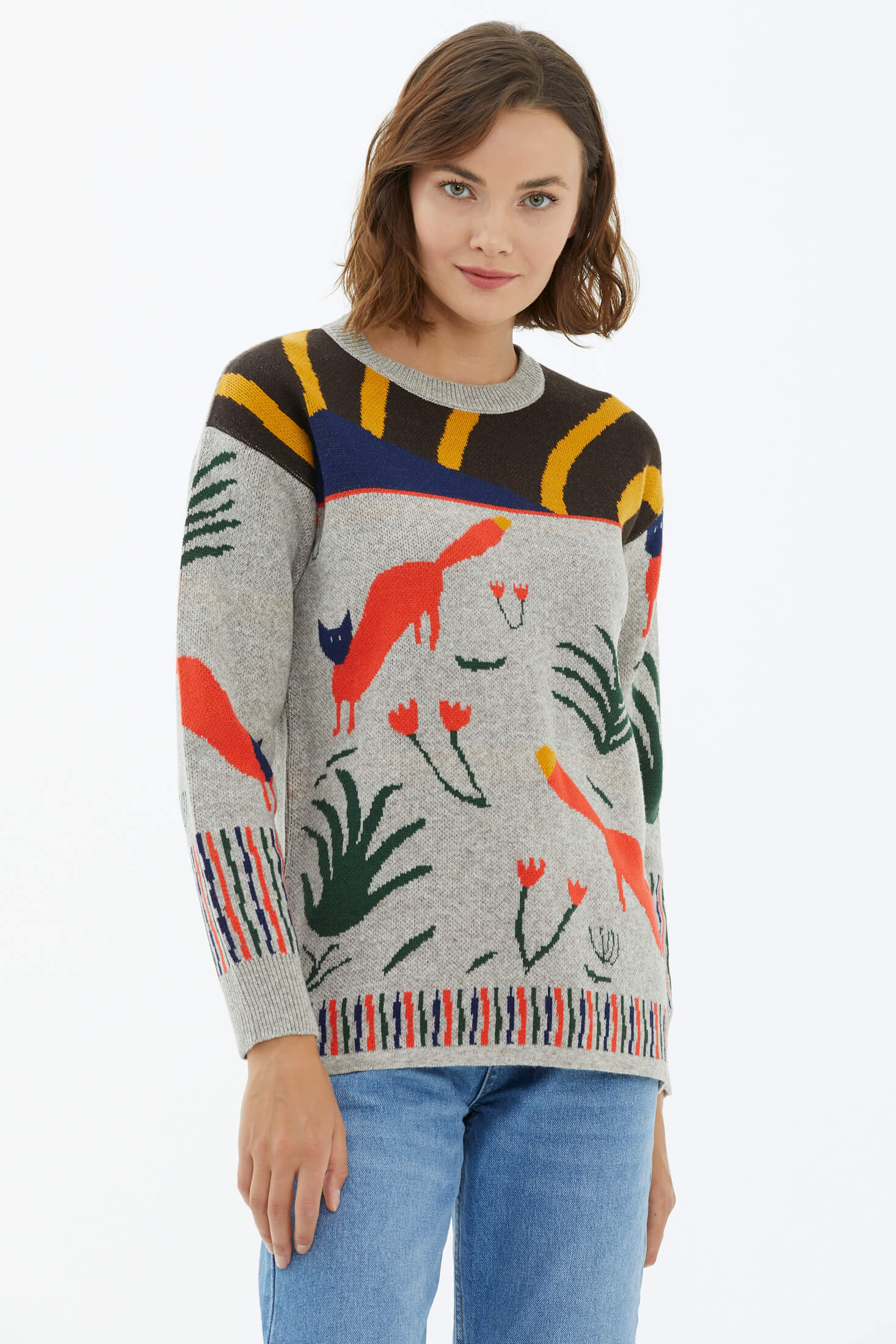 Sıfır Yaka Desenli Triko Kazak - Vizon (1) Sementa