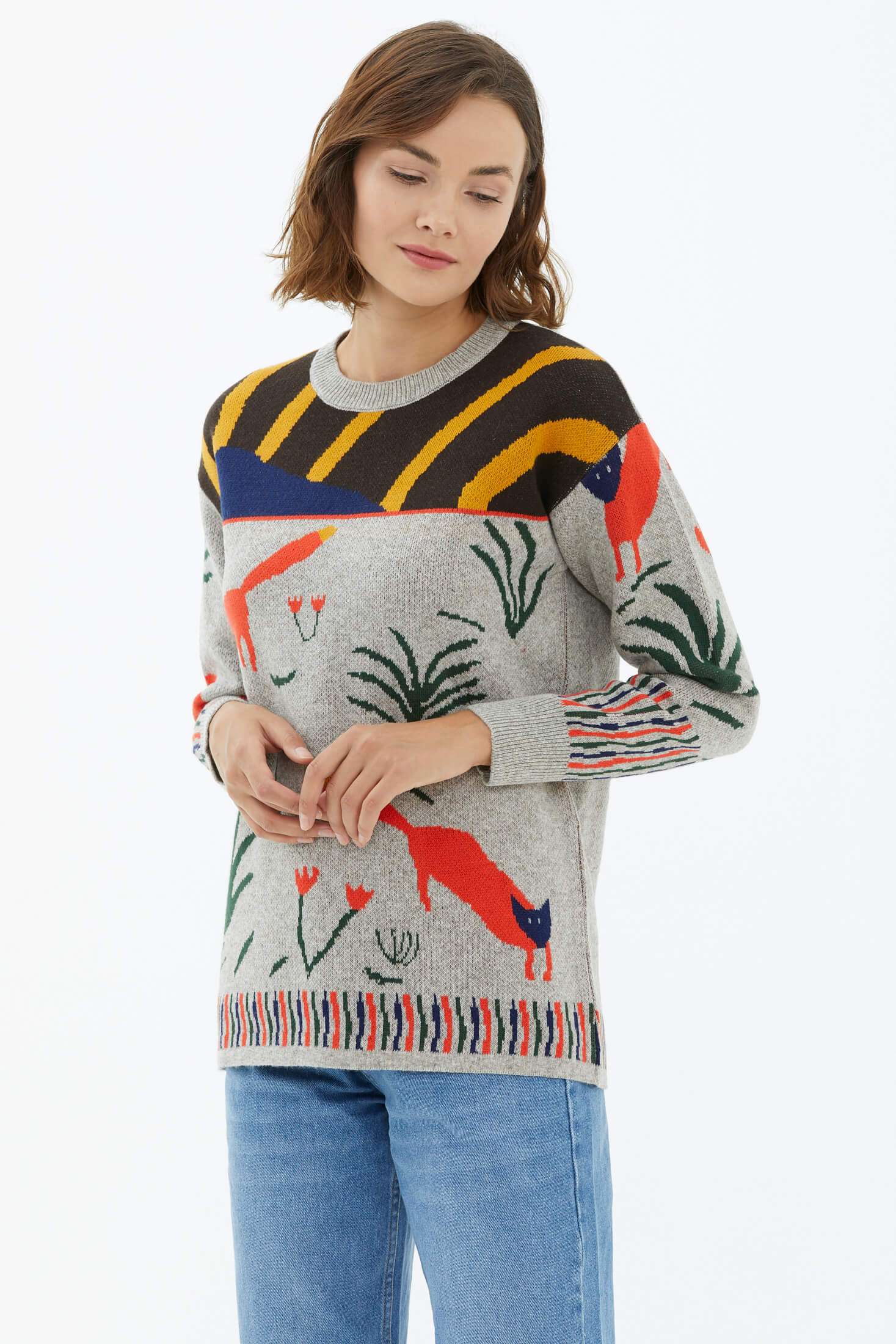 Sıfır Yaka Desenli Triko Kazak - Vizon (2) Sementa