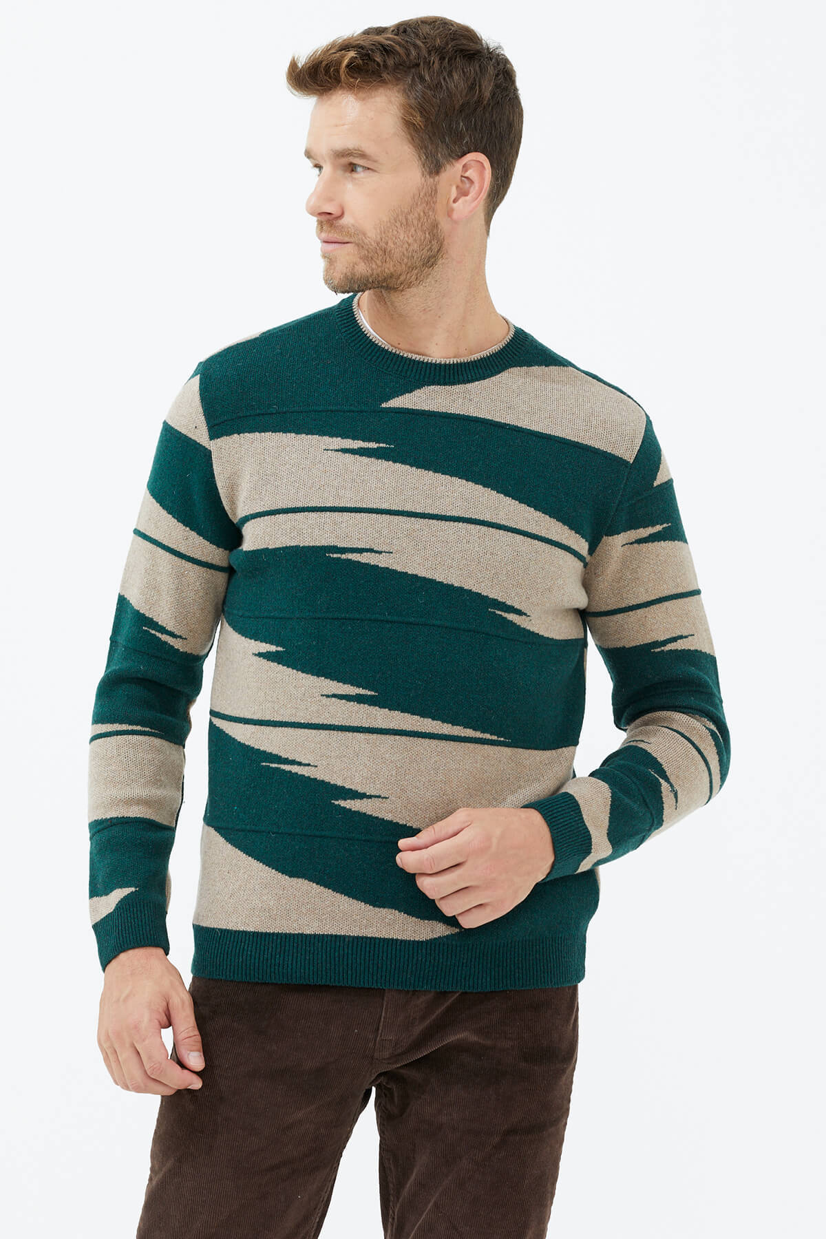 Sıfır Yaka Desenli Triko Kazak - Yeşil (3) Sementa