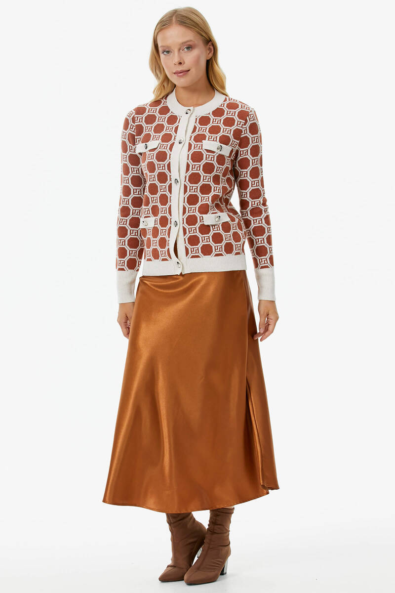 Sıfır Yaka Düğmeli Cep Detaylı Triko Hırka - Kemik - Taba (2) Sementa