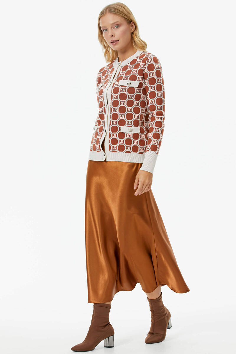 Sıfır Yaka Düğmeli Cep Detaylı Triko Hırka - Kemik - Taba (3) Sementa