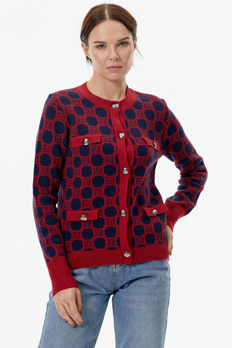 Sıfır Yaka Düğmeli Cep Detaylı Triko Hırka - Kırmızı - Lacivert (3) Sementa